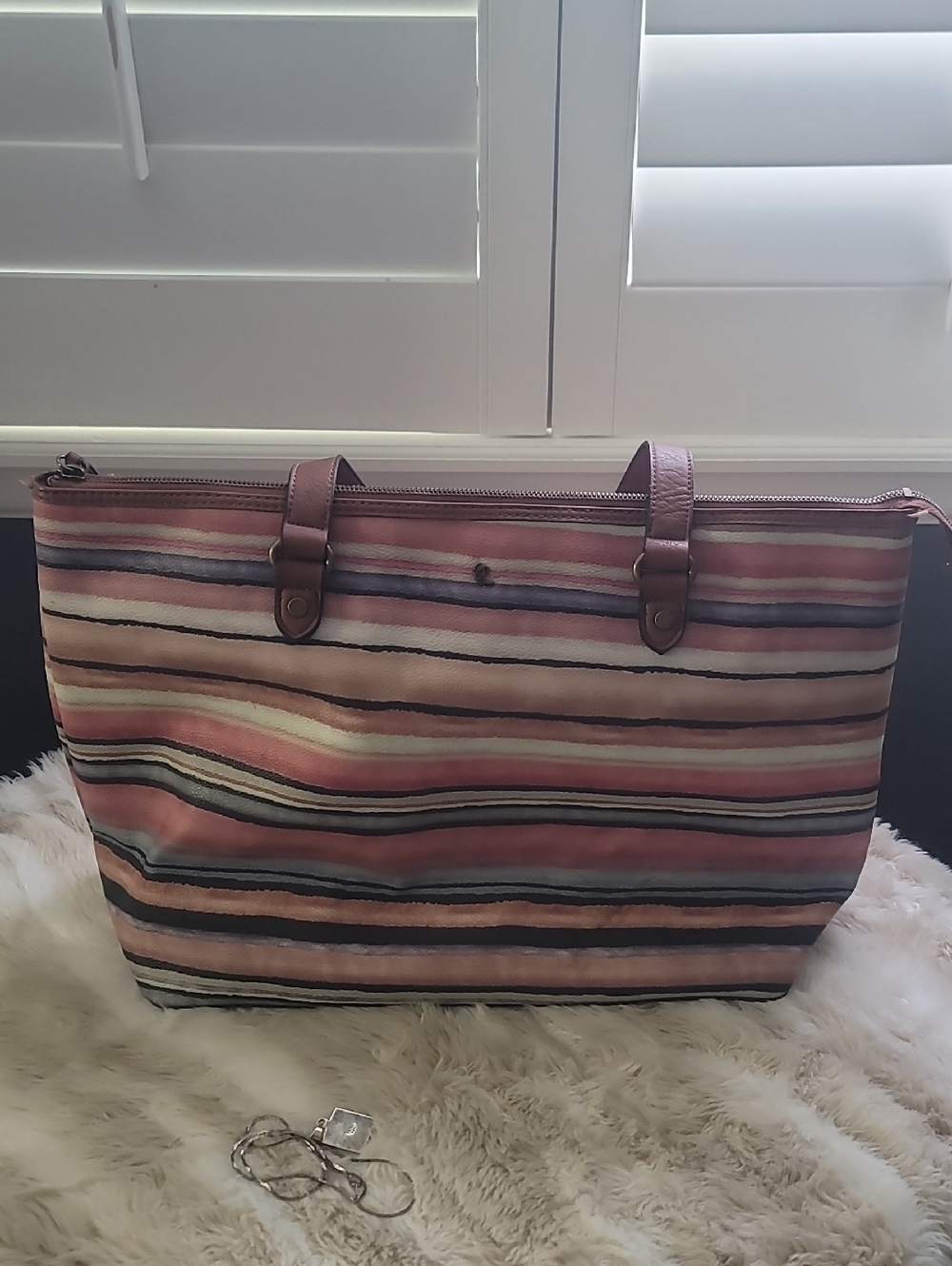 Striped Pink and Neutral Canvas Tote with Brown Trim